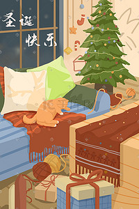 猫咪围巾插画图片_圣诞节室内温暖猫咪