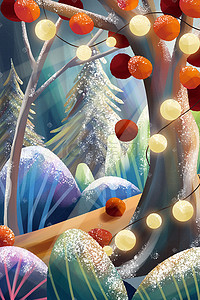 帐篷彩灯插画图片_圣诞节圣诞树森林树木植物彩灯星星草丛