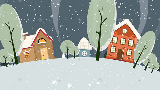 冬天雪景树木房屋雪地下雪唯美矢量扁平