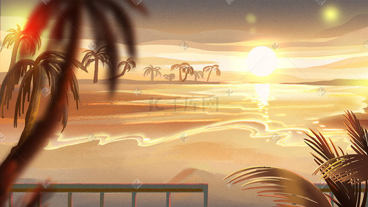 海边太阳插画图片_唯美治愈海边海浪树木椰树太阳落日场景