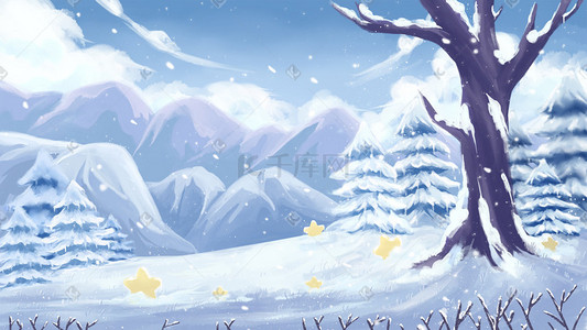 唯美治愈大雪雪天下雪的雪景插画