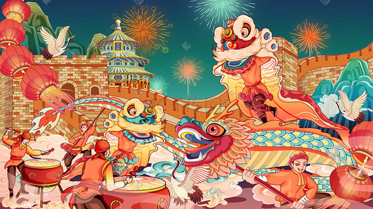 春节牛年舞狮手绘插画海报元宵节元宵赏灯猜灯谜古风唯美场景插画元宵
