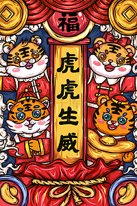 虎年展板插画图片_虎年春节新年国潮插画之虎虎生威