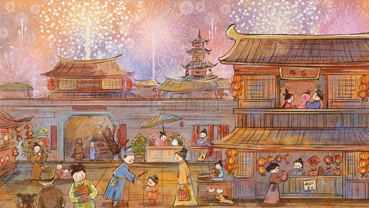 中国风古代春节新年过年集市买年货