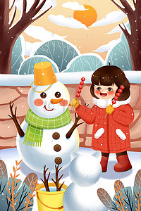 棉服插画图片_冬天下雪大雪堆雪人女孩拿糖葫芦