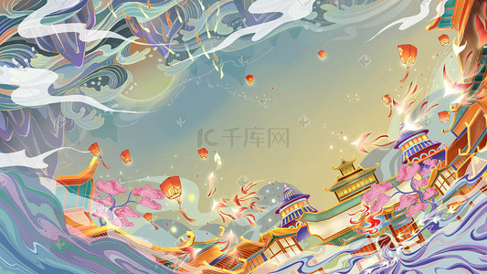 新年春节新春国潮手绘大场景古建筑插画