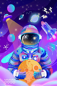 宇航员宇宙插画图片_梦幻赛博朋克风科技宇航员宇宙