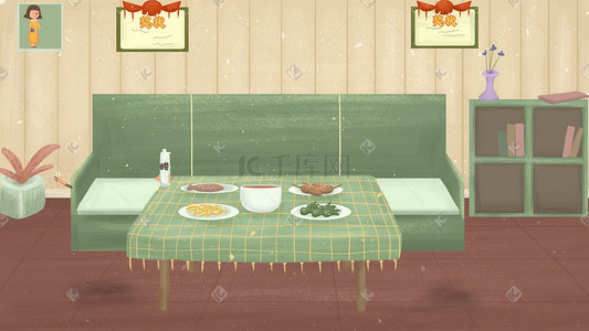 室内餐桌晚餐温馨插画