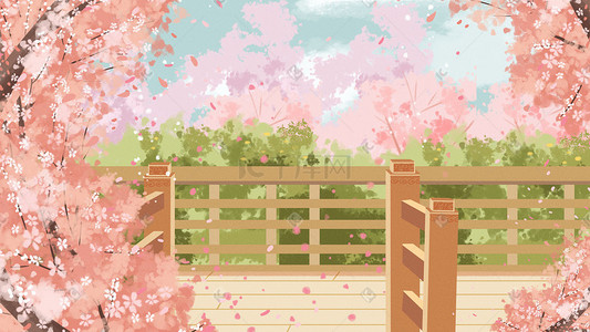 唯美樱花粉色浪漫木桥草丛治愈小清新场景花朵花