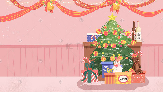 圣诞树彩球插画图片_圣诞节圣诞树礼物装饰彩球彩带庆祝雪人节日
