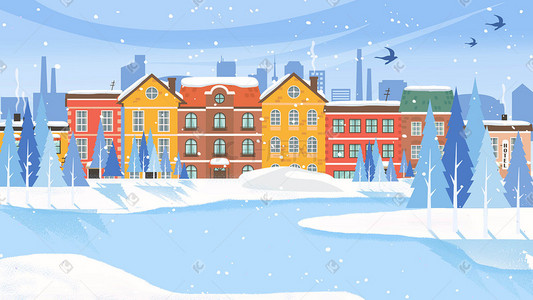 冬景插画图片_冬季冬景下雪户外城市城堡手绘插画