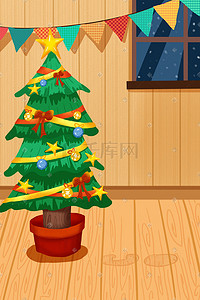 圣诞彩旗插画图片_圣诞节圣诞树室内彩旗彩带彩球树木庆祝节日
