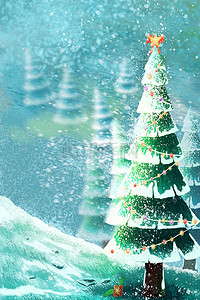 雪地场景插画图片_圣诞节圣诞树节日树木雪景下雪唯美雪地场景