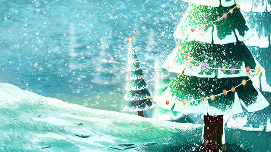 圣诞节圣诞树节日树木雪景下雪唯美雪地场景
