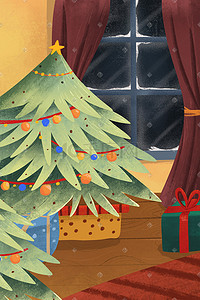 ,彩球插画图片_圣诞节圣诞树礼物窗户彩球节日庆祝场景