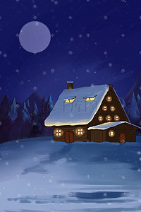 圣诞节圣诞下雪的小木屋夜晚景色