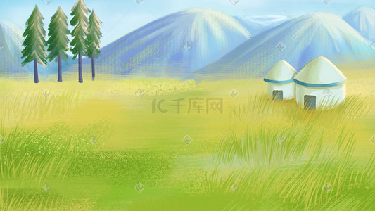 大草原风景插画图片_草原上的蒙古包绿草地