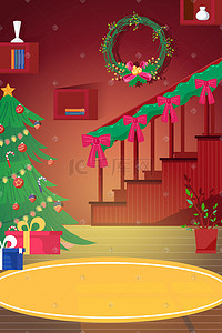 节日庆祝装饰插画图片_圣诞节圣诞树节日庆祝礼物装饰楼梯室内场景