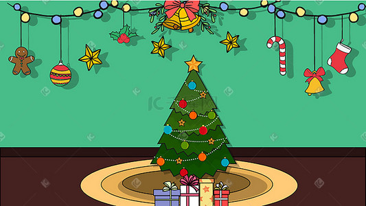 圣诞铃铛礼物插画图片_圣诞树圣诞节礼物