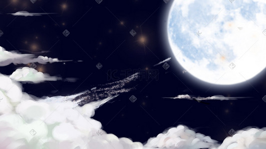 黑夜月亮插画图片_夜空中的月亮和云层
