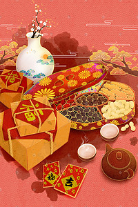 618插画图片_国潮古风新年春节买年货购物场景手绘插画