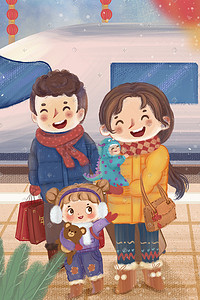 高铁过年插画图片_春运春节新年过年回家高铁站温馨插画