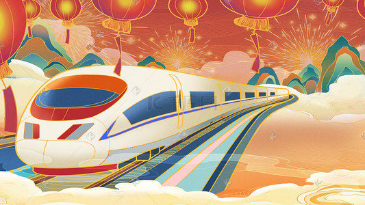 中国2022插画图片_春运红色喜庆2022新年过年回家国潮风