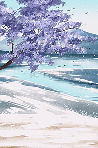 雪地唯美插画图片_大雪下雪雪地唯美户外湖边风景