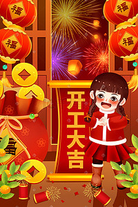 开门大吉插画图片_新年开工大吉福娃拜年大吉大利