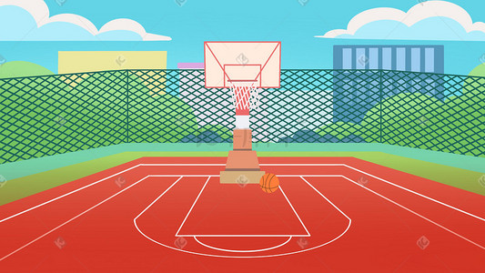 篮球报道插画图片_扁平风场景操场篮球场场景插画