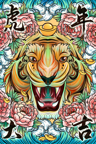 虎年新年开工大吉国潮老虎虎头海浪鲜花插画