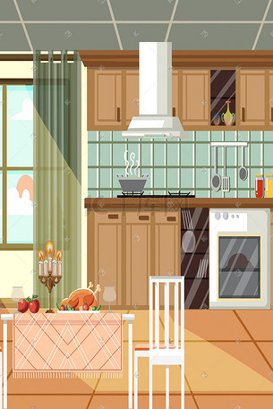 扁平场景小清新厨房竖图插画海报