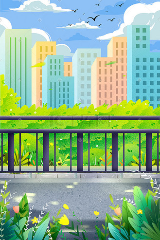春天唯美卡通小清新城市插画