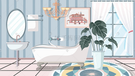 在浴室的猫插画图片_扁平风场景小清新浴室横图插画海报