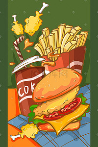 定食套餐插画图片_橙绿撞色汉堡套餐