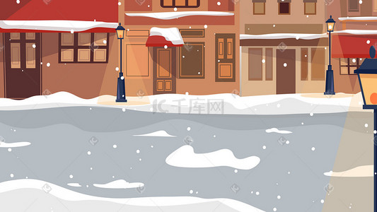 冬季下雪图插画图片_冬季风景街道城市集市雪景扁平配图