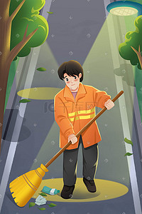 城市守护者插画图片_环卫工人劳动城市守护者工人清洁扫地