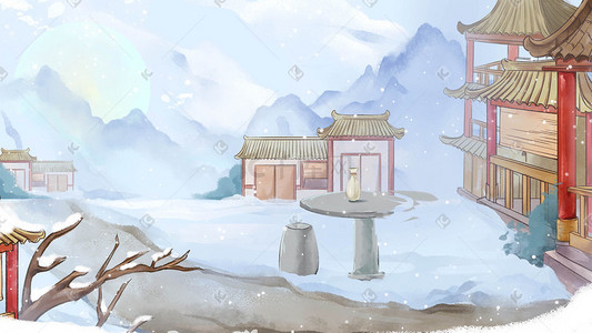 树枝雪花插画图片_古风国风冬季雪花街道美景