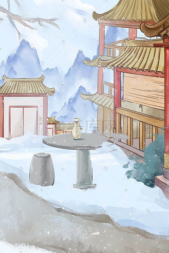 古风国风冬季雪花街道美景