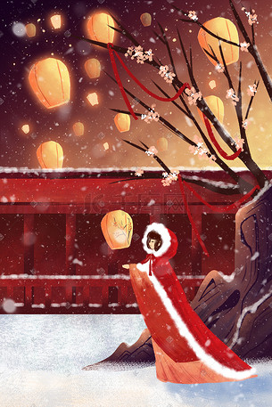 正月十五元宵节放花灯古风少女放灯