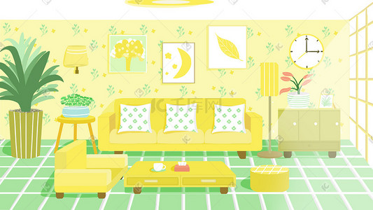 房间里有钟插画图片_扁平清新温暖客厅黄色系房间场景