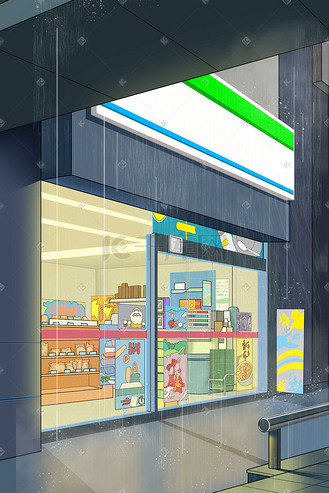 手绘描边便利店超市插画