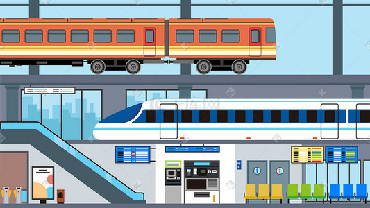 5d高铁动车站台停车城市建筑插画卡通风春运高铁新年过年回家插画海报