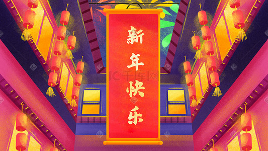 春节敲鼓插画图片_新年快乐2022虎年春节灯笼新春
