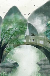 下雨下雨风景插画图片_古风桥下春天春季雨水下雨绿色插画配图