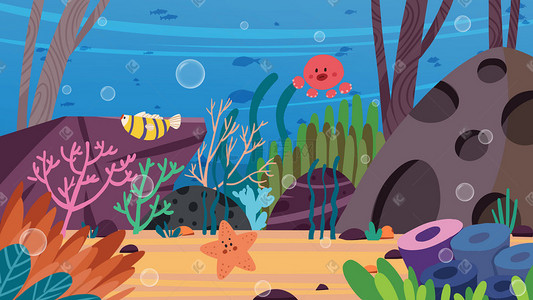 海洋世界海底世界插画图片_扁平场景海洋馆海底世界