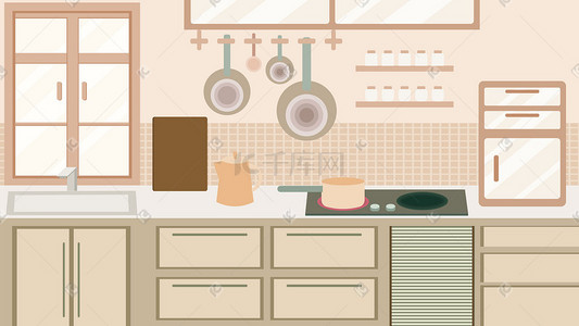 厨房场景插画图片_浪漫温馨厨房AI扁平矢量插画
