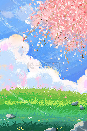 春天春意草地花丛绿意温馨手绘插画