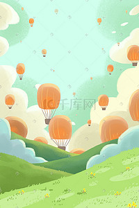 扁平绿色背景插画图片_草地春天春季唯美矢量扁平热气球素材背景