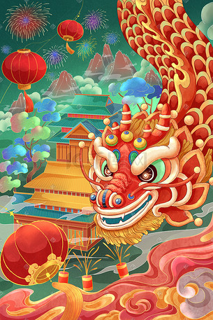 二月二龙抬头舞龙喜庆手绘插画